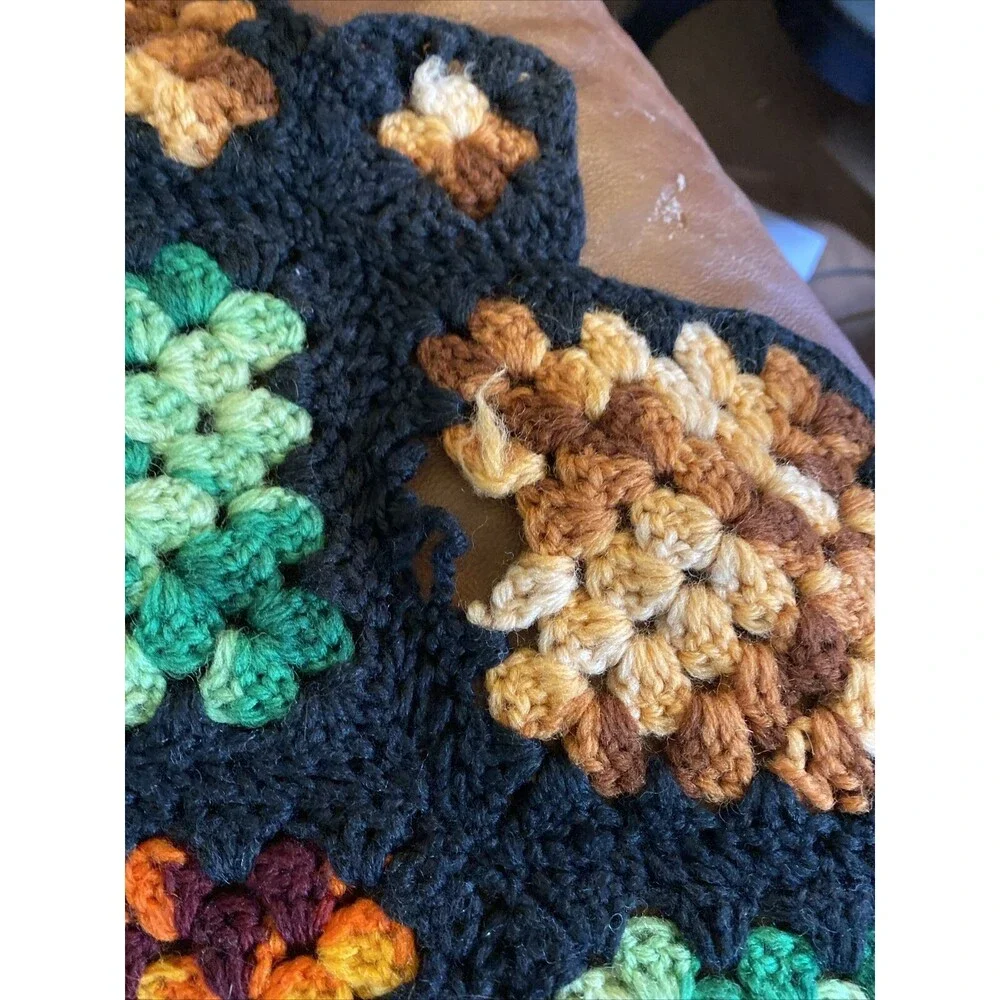Granny Square Afghan Throw Blanket 86 X 64” Black Red Purple Green Handmade Vtg